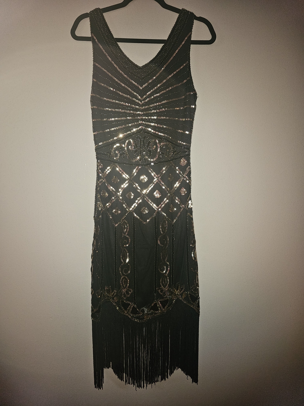 Black Beaded Fringe Midi Dress with Gold Accents